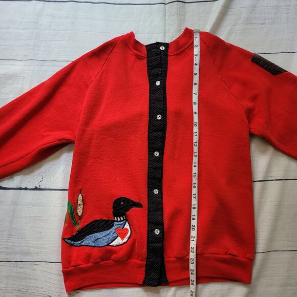 Jerzees Size L Vintage Duck Red Button Up Sweatshirt Black White Polka Dot - Picture 6 of 10